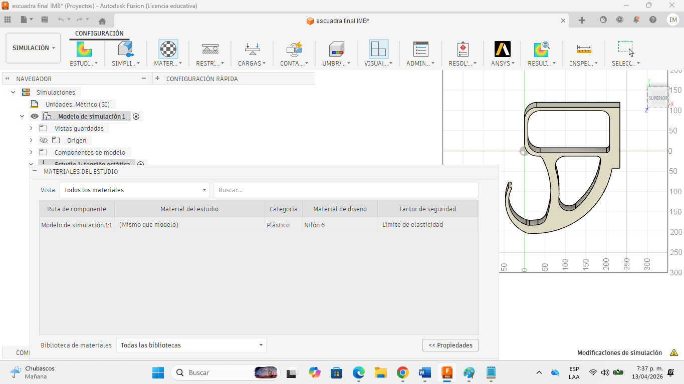 Parte 2 — Simulación Estática: Material Asignado