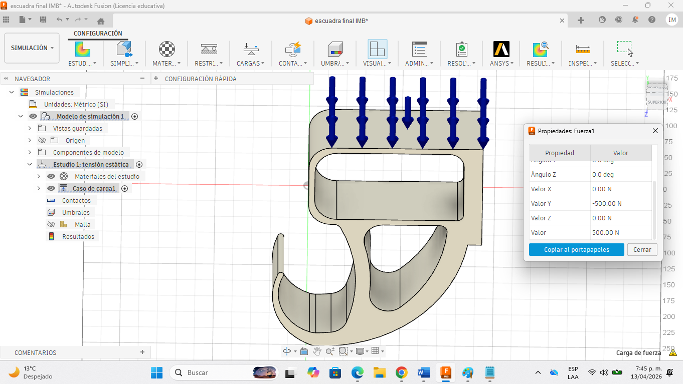 Aplicación de Carga — 500 N Vertical